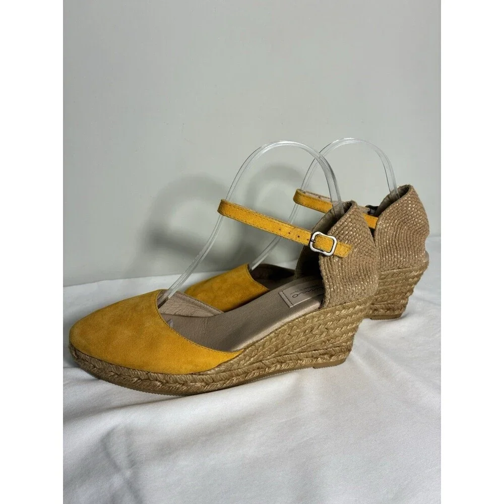 Gaimo Wedge Sandal Sz 9 Yellow Suede Espadrille Handmade In Spain Round toe Rope